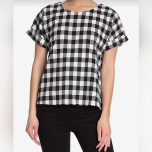 Glare Chic Crew Neck Casual Plaid Gingham Short Sleeve Blouse - Blk&Wht Sz: M